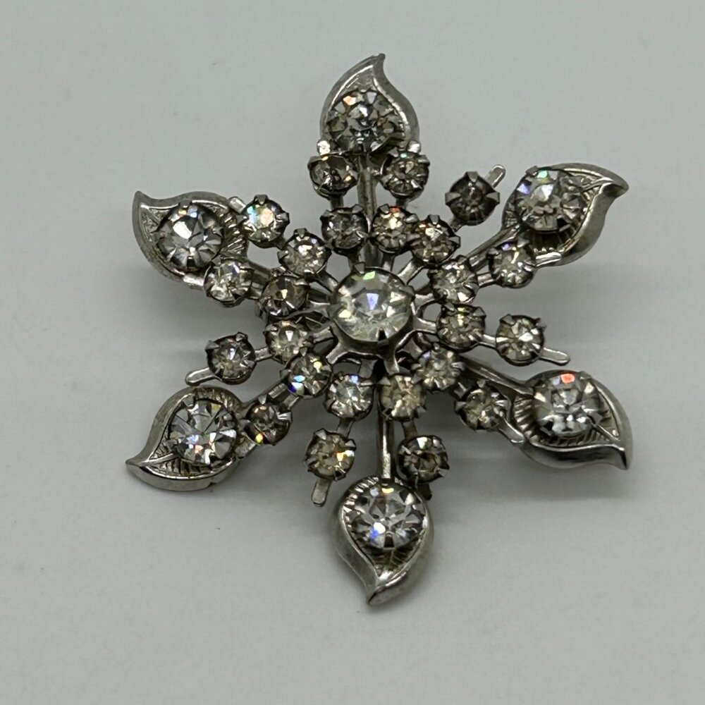Vintage Rhinestone Snowflake Brooch Starburst Mid-Century Silver-Tone Rivet Set